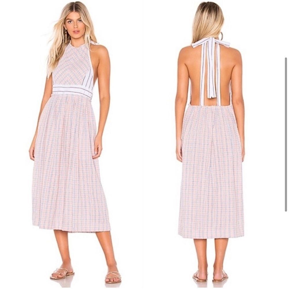 Free People Color Theory Plaid Apron Boho Sun Summer Open Back Midi Dress XS